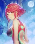  1girl anbe_yoshirou ass back_cutout bangs bare_arms bare_shoulders breasts competition_swimsuit earrings emerald_float eyebrows_visible_through_hair fence full_moon gem highres pyra_(xenoblade) jewelry large_breasts looking_at_viewer looking_back moon multicolored multicolored_clothes multicolored_swimsuit one-piece_swimsuit outdoors parted_lips red_eyes redhead short_hair sitting smile solo swept_bangs swimsuit thighs tiara tree upper_body xenoblade_(series) xenoblade_2 