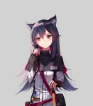  1girl animal_ear_fluff animal_ears arknights bangs belt black_capelet black_gloves black_hair blush brown_eyes capelet chinese_commentary commentary_request earrings fingerless_gloves food gloves grey_background hair_between_eyes hand_up highres holding holding_food jacket jewelry long_hair long_sleeves looking_to_the_side name_tag planted_sword planted_weapon pocky pouch red_belt shokoori simple_background solo sword texas_(arknights) upper_body weapon white_jacket wolf_ears 