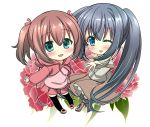  2girls bangs beige_shirt black_hair black_legwear blue_eyes blush boots brown_hair brown_skirt capelet chibi commentary_request eyebrows_visible_through_hair floral_background flower_request green_eyes hair_between_eyes hair_ribbon hood hoodie kayura_yuka layered_skirt long_hair long_skirt looking_at_viewer multiple_girls one_eye_closed open_mouth original outstretched_arms pantyhose pink_shirt pink_skirt plaid plaid_skirt ribbon shirt short_hair side_ponytail sidelocks simple_background skirt smile thigh-highs two_side_up very_long_hair white_background 