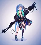  1girl asymmetrical_legwear bangs black_bra black_legwear black_shorts blue_eyes blue_hair bra carrying_over_shoulder clothes_writing commentary full_body gun hair_ornament hand_in_pocket hand_up hatsune_miku highres jacket leg_strap long_hair looking_at_viewer mechanical_arm midriff neriw shoes short_shorts shorts single_thighhigh sneakers solo standing thigh-highs tongue tongue_out twintails underwear very_long_hair vocaloid weapon 