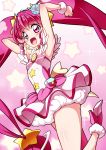  1girl :d armpits arms_up bangs blunt_bangs breasts brooch commentary_request cure_star eyebrows_visible_through_hair gradient gradient_background highres hoshina_hikaru jewelry long_hair looking_at_viewer magical_girl open_mouth pink_background pink_eyes pink_hair precure rokko small_breasts smile solo star star_twinkle_precure starry_background twintails very_long_hair 