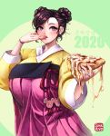  1girl beryl_(junkpuyo) bracelet breasts cheese_trail commentary_request earrings finger_licking food hanbok highres huge_breasts jewelry junkpuyo korean_clothes licking lips new_year original pizza purple_hair ring solo violet_eyes wedding_ring 