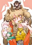  5girls absurdres ahoge alternate_costume american_bison_(kemono_friends) animal_ears bangs belt belt_buckle big_hair bird_tail bird_wings blonde_hair blowhole boots brown_eyes brown_hair buckle capelet chameleon_tail chibi chinese_white_dolphin_(kemono_friends) closed_eyes commentary_request dolphin_tail dorsal_fin dress eating extra_ears eyebrows_visible_through_hair facing_viewer fins food fur_collar gloves green_hair grey_eyes hair_between_eyes hanging head_tilt head_wings highres holding holding_weapon hood hood_up horns jewelry kamen_rider kamen_rider_beast kamen_rider_beast_(cosplay) kamen_rider_wizard_(series) kemono_friends light_brown_hair lion_(kemono_friends) lion_ears looking_at_viewer minigirl multicolored_hair multiple_girls necktie panther_chameleon_(kemono_friends) pants pantyhose parsley_(simonov1941) parted_bangs pendant peregrine_falcon_(kemono_friends) pink_hair polearm shirt sidelocks sitting sitting_on_head sitting_on_person size_difference skirt smile tail tail_fin v-shaped_eyebrows weapon white_hair wings 