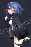  1girl ankkoyom bangs black_jacket blue_hair breasts commentary commission copyright_request hair_ornament highres jacket large_breasts long_sleeves mole mole_under_eye red_eyes redhead short_shorts shorts solo 