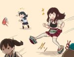  4girls ahoge akagi_(kantai_collection) aqua_headwear blue_hair blush brown_hair can flight_deck hakama hakama_skirt hat japanese_clothes kaga_(kantai_collection) kantai_collection kicking long_hair maya_(kantai_collection) multiple_girls muneate open_mouth otoufu out_of_frame ponytail sailor_collar school_uniform serafuku short_hair short_sleeves side_ponytail simple_background thigh-highs ushio_(kantai_collection) white_legwear 