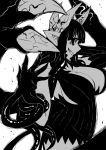  1girl black_dress black_hair breasts dark_persona demon_girl demon_horns demon_tail demon_wings detached_sleeves dress evil_grin evil_smile greyscale grin highres horns huge_breasts juugoya_(zyugoya) merii_(musuko_ga_kawaikute_shikatanai_mazoku_no_hahaoya) monochrome musuko_ga_kawaikute_shikatanai_mazoku_no_hahaoya pointy_ears sharp_teeth smile tail teeth tentacles wings 