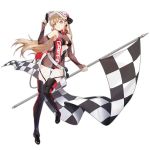  1girl alternate_costume bangs black_footwear black_legwear blonde_hair blush boots breasts center_opening checkered checkered_flag clothes_writing cross cross_earrings dress earrings elbow_gloves eyebrows_visible_through_hair fingerless_gloves flag full_body girls_frontline gloves gun hair_between_eyes hair_ornament handgun holding holding_flag holding_gun holding_weapon holster jewelry light_brown_hair long_hair looking_at_viewer multiple_piercings official_art pistol ppk_(girls_frontline) racequeen see-through short_dress sidelocks sleeveless sleeveless_dress smile smile_(mm-l) snap-fit_buckle solo thigh-highs transparent_background trigger_discipline visor_cap walther walther_ppk weapon white_headwear 