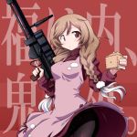  1girl 547th_sy apron background_text bangs beans black_legwear blush braid breasts brown_eyes cloud_hair_ornament cloud_print clouds eyebrows_visible_through_hair gradient_hair gun hair_ornament highres holding holding_gun holding_weapon kantai_collection light_brown_hair long_hair long_sleeves masu medium_breasts minegumo_(kantai_collection) multicolored_hair pantyhose pink_apron red_background red_sweater setsubun solo sweater turtleneck turtleneck_sweater twin_braids weapon 