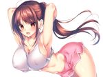  1girl ahoge armpits arms_up bangs blush breasts brown_eyes brown_hair collarbone covered_nipples large_breasts long_hair looking_at_viewer navel open_mouth original ponytail short_shorts shorts simple_background smile solo sorai_shin&#039;ya tank_top white_background 