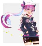  1girl :d absurdres ahoge bangs black_bow black_shorts blunt_bangs blush bow braid choker cowboy_shot eyebrows_visible_through_hair floating_hair hair_bow hands_in_pockets highres hololive hood hood_down hooded_sweater jun_wei long_hair minato_aqua open_mouth pink_eyes pink_neckwear purple_hair shiny shiny_hair short_shorts shorts smile solo standing sweater thigh_strap twintails very_long_hair virtual_youtuber white_background 