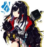  1girl arknights belt black_hair closure_(arknights) commentary_request cube demon_tail demon_wings id_card jacket koka_(rikku-file) long_hair looking_at_viewer one_eye_closed pointy_ears red_eyes simple_background solo tail tongue tongue_out utility_belt white_background wings 