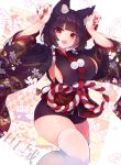  1girl :d animal_ear_fluff animal_ears azur_lane black_hair breasts cat_ears character_name commentary_request eyebrows_visible_through_hair fang floral_background floral_print highres large_breasts long_sleeves looking_at_viewer nail_polish open_mouth paw_pose red_eyes red_nails rope shichijou_natori shimenawa sideboob smile solo thigh-highs white_legwear wide_sleeves yamashiro_(azur_lane) 