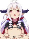 ahoge bikini black_cape cape commentary_request death_abyss demon_girl fang flat_chest giantess highres horns ishuzoku_reviewers lien pointy_ears red_eyes shadow simple_background size_difference swimsuit 