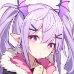  1girl arknights fur_trim hair_ornament hairclip head_wings jacket kurisu_tina long_hair looking_at_viewer manticore_(arknights) pink_eyes pointy_ears portrait purple_hair sidelocks solo twintails zoom_layer 