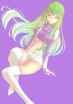  1girl bangs breasts c.c. closed_mouth code_geass crop_top detached_sleeves eyebrows_visible_through_hair floating_hair green_hair jj_(ssspulse) long_hair long_sleeves looking_at_viewer medium_breasts midriff navel purple_background purple_sleeves shiny shiny_hair short_shorts shorts simple_background sitting smile solo stomach thigh-highs very_long_hair white_legwear white_shorts yellow_eyes zettai_ryouiki 