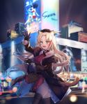  1girl animal_ears arknights bangs bare_shoulders black_footwear black_gloves blonde_hair blurry blurry_background breasts cat_ears commentary gloves hat highres jeanne_d&#039;arc_(alter)_(fate) jeanne_d&#039;arc_(fate)_(all) large_breasts long_hair open_mouth outdoors smile solo swire_(arknights) tail yorktown_cv-5 
