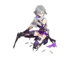  1girl bangs black_footwear black_gloves boots clenched_teeth contender_(girls_frontline) cross-laced_footwear elbow_gloves full_body girls_frontline gloves grey_hair gun hair_between_eyes handgun holding holding_gun holding_weapon looking_to_the_side multicolored_hair nishihara_isao official_art parted_lips pistol purple_gloves purple_hair purple_shorts shell_casing short_hair short_shorts shorts sidelocks smoke solo squatting streaked_hair teeth thigh-highs thigh_boots thompson/center_contender torn_boots torn_clothes torn_gloves transparent_background trigger_discipline tsurime watermark weapon web_address white_legwear 