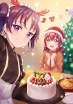  2girls :d black_sweater blurry blurry_background bow brown_sweater cake christmas christmas_tree closed_mouth earrings fake_antlers food fur-trimmed_hat green_eyes hair_bow hairband hat highres holding holding_plate jewelry kazuno_leah kurosawa_ruby long_hair long_sleeves looking_at_viewer love_live! love_live!_sunshine!! multiple_girls open_mouth plate purple_hair rama_(yu-light8) red_hairband red_headwear redhead santa_hat shiny shiny_hair short_hair sitting smile sweater violet_eyes white_bow 