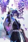  1girl belt belt_buckle black_jacket black_pants blurry blurry_background blurry_foreground buckle bug butterfly floating_hair flower hair_intakes haori highres holding holding_sword holding_weapon hydrangea insect jacket japanese_clothes katana kimetsu_no_yaiba kochou_shinobu long_sleeves looking_at_viewer pants purple_hair shiny shiny_hair short_hair_with_long_locks sidelocks solo standing sword vardan weapon white_belt 