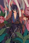  abx_(kabu) bandage_over_one_eye black_hair book curtain_grab curtains detached_arms flower gintama haori japanese_clothes kimono kiseru pipe plant planted planted_sword solo sword takasugi_shinsuke weapon wide_sleeves 