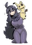  1girl @_@ ahoge al_bhed_eyes blush breasts creature dress hairband headband hex_maniac_(pokemon) highres large_breasts long_hair long_sleeves looking_at_viewer messy_hair mimikyu pokemon purple_hair ribbed_sweater simple_background smile sweater tazonotanbo turtleneck violet_eyes white_background 