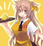  1girl alternate_costume apron blonde_hair brown_neckwear collared_shirt commentary_request eyebrows_visible_through_hair hair_between_eyes hair_flaps hair_ribbon highres hirune_(konekonelkk) holding holding_plate kantai_collection long_hair looking_at_viewer murasame_(kantai_collection) name_tag necktie notice_lines open_mouth orange_eyes plate red_eyes remodel_(kantai_collection) ribbon rice shirt short_sleeves simple_background solo upper_body very_long_hair white_shirt yellow_apron yellow_background 