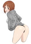  1girl ass bangs black_panties blush brown_eyes brown_hair casual commentary cropped_legs eyebrows_visible_through_hair from_behind girls_und_panzer grey_jacket hands_in_pockets highres hood hood_down hoodie jacket leaning_forward looking_at_viewer looking_back nishizumi_miho no_pants open_mouth panties short_hair simple_background smile solo standing sweatdrop thong underwear white_background yamano_rita 