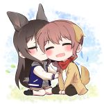 2girls :d ^_^ animal_ears bang_dream! bangs black_hair black_legwear black_pants blush brown_hair brown_jacket brown_shorts chibi closed_eyes dog_ears dog_tail grey_hoodie gyaheung hanazono_tae hand_on_another&#039;s_arm hood hood_down jacket kemonomimi_mode long_hair multiple_girls open_mouth outline pants raglan_sleeves red_bandana shorts sitting smile tail white_outline yamabuki_saaya yuri