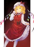  1girl absurdres bangs black_bow black_neckwear black_ribbon blonde_hair bow breasts commentary dress eyebrows_visible_through_hair feet_out_of_frame flandre_scarlet hair_between_eyes hand_up hat hat_bow head_tilt highres long_sleeves looking_at_viewer mob_cap neck_ribbon open_mouth pantyhose petticoat pointy_ears red_bow red_dress red_eyes ribbon rin_falcon shirt short_hair small_breasts solo standing touhou white_headwear white_legwear white_shirt wings 