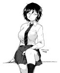1girl :&lt; asai_akira breasts commentary_request constricted_pupils dated high_contrast large_breasts leg_up looking_at_viewer messy_hair monochrome necktie pleated_skirt signature sitting skirt socks solo tsukudani_(coke-buta) yofukashi_no_uta
