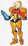  1girl ^_^ arm_cannon blonde_hair closed_eyes denaseey dirty_face full_body headwear_removed helmet helmet_removed highres long_hair metroid mole mole_under_mouth ponytail power_armor samus_aran smile solo varia_suit weapon 