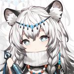  1girl animal_ear_fluff animal_ears arknights bell cat_ears grey_eyes hair_ornament holding jewelry kurisu_tina long_hair looking_at_viewer multicolored_hair necklace portrait pramanix_(arknights) scarf solo two-tone_hair white_hair zoom_layer 