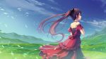  1girl bare_shoulders black_bow bow breasts brown_hair clouds cloudy_sky collar commentary_request dress floating_hair grass hair_bow hand_on_own_chest landscape long_hair looking_away mountainous_horizon original ponytail red_dress red_eyes sky small_breasts solo tenmaso wind 