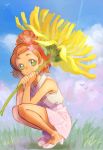 1girl bangs bird blue_sky closed_mouth clouds clover_hair_ornament collared_shirt day flower full_body go!_princess_precure green_eyes hair_ornament haruno_haruka holding holding_flower jj_(ssspulse) looking_at_viewer miniskirt orange_hair outdoors parted_bangs pink_skirt precure shiny shiny_hair shirt short_hair skirt sky sleeveless sleeveless_shirt smile solo squatting tied_hair white_shirt wing_collar yellow_flower 