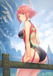  1girl anbe_yoshirou ass back_cutout bangs bare_arms bare_shoulders breasts closed_mouth commentary_request competition_swimsuit day earrings emerald_float eyebrows_visible_through_hair fence gem highres pyra_(xenoblade) jewelry large_breasts looking_at_viewer looking_back multicolored multicolored_clothes multicolored_swimsuit one-piece_swimsuit outdoors red_eyes redhead short_hair sitting smile solo swept_bangs swimsuit thighs tiara tree xenoblade_(series) xenoblade_2 