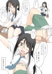  1boy 1girl :d ;d bandaid black_hair blue_neckwear blue_skirt brown_eyes commentary_request eyebrows_visible_through_hair green_shorts gym_shorts highres kitano_(zekkyon) long_hair medicine_box necktie one_eye_closed open_mouth original pleated_skirt school_uniform shirt shorts skirt smile translation_request white_shirt zekkyon 