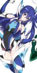  1girl bangs blue_eyes blue_footwear blue_gloves blue_hair blue_leotard boots commentary_request covered_navel elbow_gloves gloves headgear highres holding_hands kazanari_tsubasa kurihara_kenshirou leotard long_hair looking_at_viewer magical_girl one_side_up parted_lips senki_zesshou_symphogear smile solo_focus thigh-highs thigh_boots white_background 