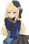  1girl atsumisu bangs beret black_headwear black_legwear black_ribbon blonde_hair blue_dress blue_eyes blue_flower blue_rose blush brown_gloves dress eyebrows_visible_through_hair fate/grand_order fate_(series) feet_out_of_frame flower fur-trimmed_sleeves fur_trim gloves grin hair_flower hair_ornament hand_up hat long_hair looking_at_viewer pantyhose reines_el-melloi_archisorte ribbon rose simple_background sitting smile solo tilted_headwear very_long_hair white_background 