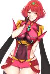  1girl ass_visible_through_thighs bangs breasts covered_navel fingerless_gloves gloves headpiece highres pyra_(xenoblade) large_breasts noeomi red_eyes red_shorts redhead short_hair short_shorts shorts shoulder_armor solo swept_bangs thigh_gap tiara xenoblade_(series) xenoblade_2 