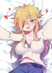  1girl bed belt blonde_hair blue_eyes breasts elf fujinami_(fjnm000) genderswap genderswap_(mtf) ishuzoku_reviewers lying navel on_back pointy_ears zel_(ishuzoku_reviewers) 