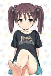  1girl bare_legs brown_hair clothes_writing collarbone crossed_legs feet hair_between_eyes heart jiji original shirt sitting skirt smile solo t-shirt twintails violet_eyes 