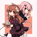  2girls ahoge bangs black_legwear black_serafuku bowl brown_skirt chiyoda_momo chopsticks commentary_request curled_horns demon_horns demon_tail drooling eyebrows_visible_through_hair fang food green_eyes hair_ornament highres horns kareya long_hair long_sleeves looking_at_another machikado_mazoku multiple_girls open_mouth pantyhose pink_hair plaid plaid_skirt red_eyes redhead school_uniform serafuku short_hair skirt smile tail thigh-highs white_legwear x_hair_ornament yoshida_yuuko_(machikado_mazoku) 