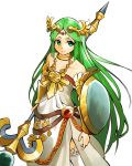  1girl aqua_eyes armlet bangs bare_shoulders bracer circlet closed_mouth dress goddess green_hair holding holding_staff jewelry kid_icarus long_hair neck_ring necklace nishikuromori palutena parted_bangs shield side_slit simple_background smile solo staff strapless strapless_dress thigh-highs very_long_hair white_background white_dress white_legwear zettai_ryouiki 