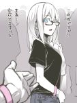  1girl asutora asutora-chan black-framed_eyewear black_shirt blue_eyes eyebrows_visible_through_hair glasses hair_between_eyes looking_at_another original shirt short_hair short_sleeves translation_request white_hair 