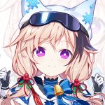  1girl alternate_costume arknights black_hair blonde_hair bow bowtie capelet cardigan_(arknights) choker gloves goggles hair_ornament hands_up kurisu_tina long_hair looking_at_viewer low_twintails multicolored_hair portrait smile solo twintails two-tone_hair violet_eyes white_headwear zoom_layer 