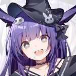  1girl :d animal_ears arknights black_bow black_eyes black_headwear bow choker hair_bow hair_ornament hat kurisu_tina long_hair looking_at_viewer open_mouth portrait purple_hair rabbit_ears rope_(arknights) skull_hair_ornament smile solo witch_hat zoom_layer 