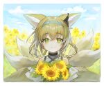  1girl animal_ears arknights bangs bare_shoulders black_choker blue_hairband border braid choker colored_tips commentary dress eyebrows_visible_through_hair flower fox_ears fox_tail green_eyes hair_rings hairband highres holding holding_flower kitsune kyuubi looking_at_viewer multicolored_hair multiple_tails outdoors smile solo soyoong_jun sunflower suzuran_(arknights) tail twin_braids upper_body white_dress white_hair 