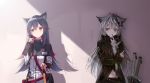  2girls animal_ear_fluff animal_ears arknights bangs belt black_capelet black_gloves black_hair black_jacket black_nails blush brown_eyes capelet chinese_commentary commentary_request earrings fingerless_gloves food gloves grey_eyes grey_gloves hair_between_eyes hair_ornament hairclip hand_up high_collar highres holding holding_food index_fingers_raised jacket jewelry lappland_(arknights) long_hair long_sleeves looking_at_viewer looking_to_the_side messy_hair multiple_girls nail_polish name_tag navel parted_lips planted_sword planted_weapon pocky pouch red_belt scar scar_across_eye shadow shokoori silver_hair smile sword texas_(arknights) upper_body very_long_hair weapon white_jacket wolf_ears 