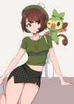  &gt;_o 1girl alternate_costume artist_name bag black_skirt breasts brown_eyes brown_hair earrings eyebrows_visible_through_hair green_shirt grookey handbag highres jewelry looking_at_another medium_breasts milka_(milk4ppl) navel necklace one_eye_closed parted_lips pokemon pokemon_(creature) pokemon_(game) pokemon_swsh shirt short_hair short_sleeves skirt socks tam_o&#039;_shanter tongue tongue_out white_legwear yuuri_(pokemon) 