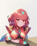  1girl black_gloves breasts brown_eyes closed_mouth eyebrows_visible_through_hair fingerless_gloves gloves pyra_(xenoblade) large_breasts looking_at_viewer navekaw redhead short_hair smile solo upper_body xenoblade_(series) xenoblade_2 